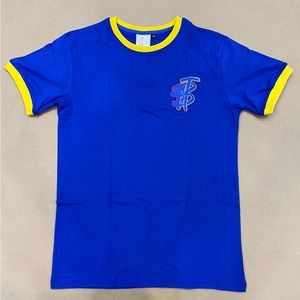 STUCK BETWEEN THE 90s UNISEX SHORT SLEEVE TSHIRT ROYAL BLUE AND YELLOW.